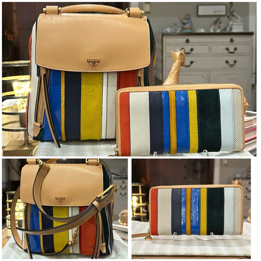 Authentic Tory Burch Multicolor Balloon Stripe Half Moon Satchel and Wallet, EUC